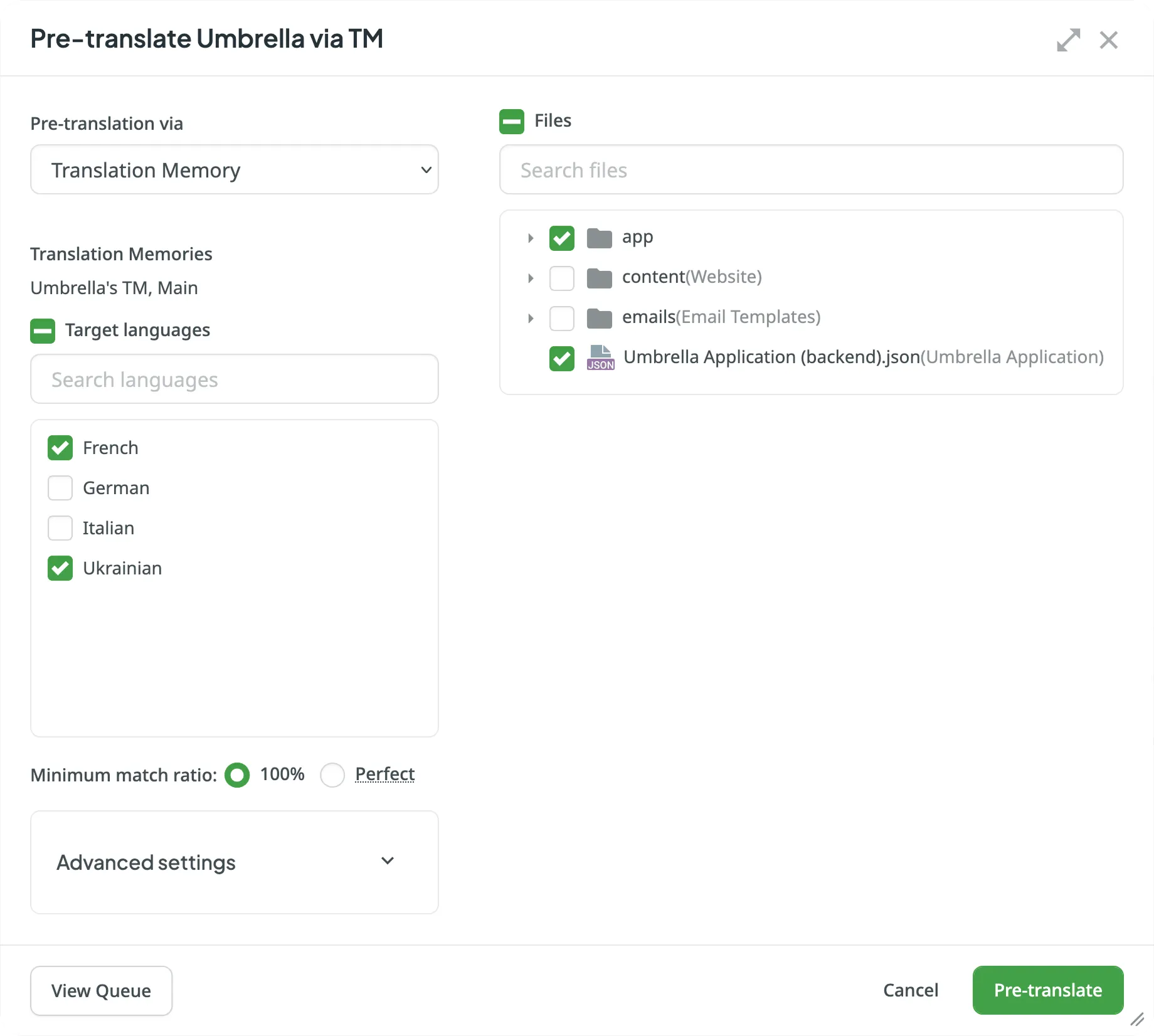 Pre-translation via TM